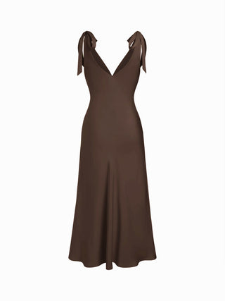 Satin V-neck Twist Knotted Flared Maxi Dress