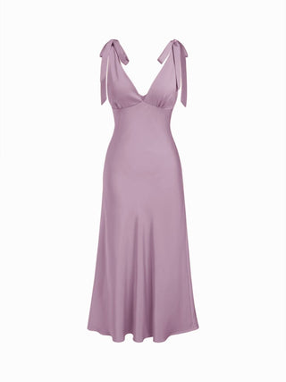 Satin V-neck Twist Knotted Flared Maxi Dress