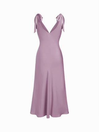 Satin V-neck Twist Knotted Flared Maxi Dress