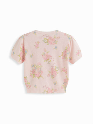 Knit Wool-blend Floral Puff Sleeve Cardigan