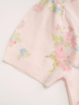 Knit Wool-blend Floral Puff Sleeve Cardigan