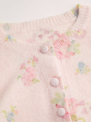 Knit Wool-blend Floral Puff Sleeve Cardigan