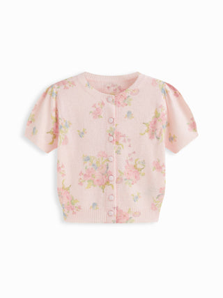 Knit Wool-blend Floral Puff Sleeve Cardigan