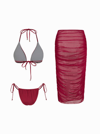 Halter Neckline Glitter Triangle Top & Ruched Tie Side Bottoms With Sheer Skirt 3 Piece Bikini Set