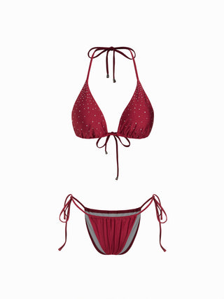 Halter Neckline Glitter Triangle Top & Ruched Tie Side Bottoms With Sheer Skirt 3 Piece Bikini Set