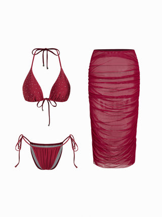 Halter Neckline Glitter Triangle Top & Ruched Tie Side Bottoms With Sheer Skirt 3 Piece Bikini Set