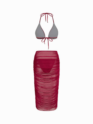 Halter Neckline Glitter Triangle Top & Ruched Tie Side Bottoms With Sheer Skirt 3 Piece Bikini Set