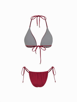 Halter Neckline Glitter Triangle Top & Ruched Tie Side Bottoms With Sheer Skirt 3 Piece Bikini Set
