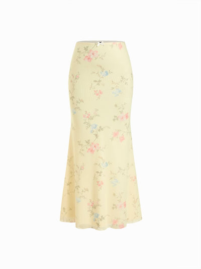 Mesh Mid Rise Floral Bowknot Lettuce Trim Mermaid Maxi Skirt