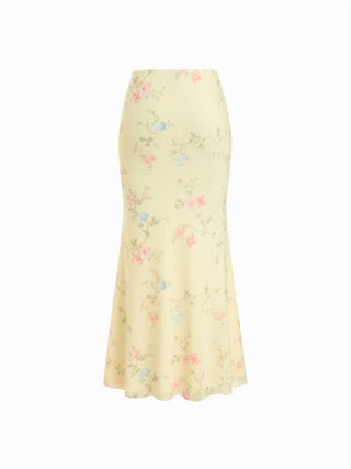Mesh Mid Rise Floral Bowknot Lettuce Trim Mermaid Maxi Skirt
