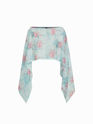 Chiffon Paisley Graphic Boat Neck Oversized Cape Top