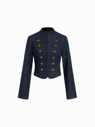 Denim Washed Stand Collar Metal Detail Jacket