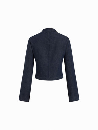 Denim Washed Stand Collar Metal Detail Jacket