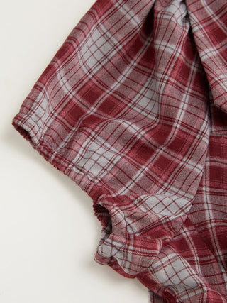 Plaid Sweetheart Neck Puff Sleeve Metal Detail Blouse