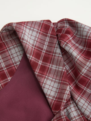 Plaid Sweetheart Neck Puff Sleeve Metal Detail Blouse