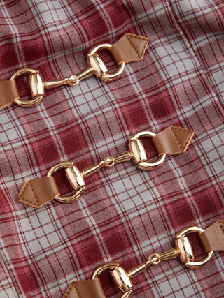 Plaid Sweetheart Neck Puff Sleeve Metal Detail Blouse