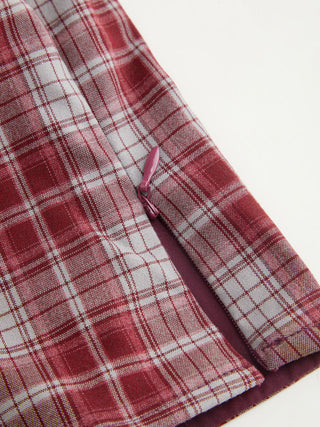Plaid Sweetheart Neck Puff Sleeve Metal Detail Blouse