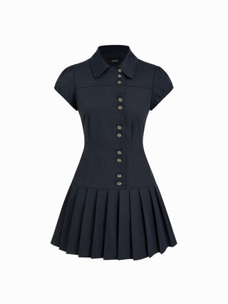 Puff Sleeve Metal Detail Pleated Mini Dress