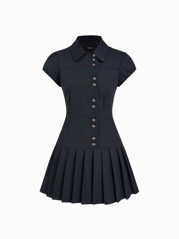 Puff Sleeve Metal Detail Pleated Mini Dress