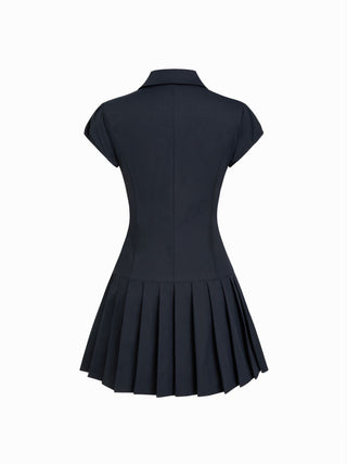 Puff Sleeve Metal Detail Pleated Mini Dress