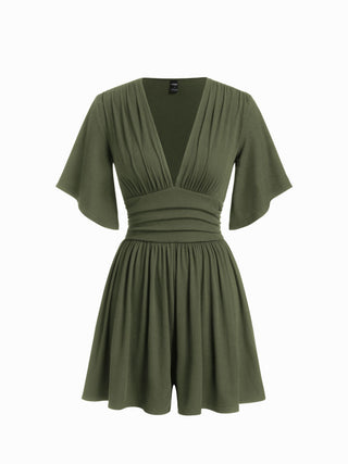 Textured V-neck Ruched Mid Rise Bell Sleeve Romper