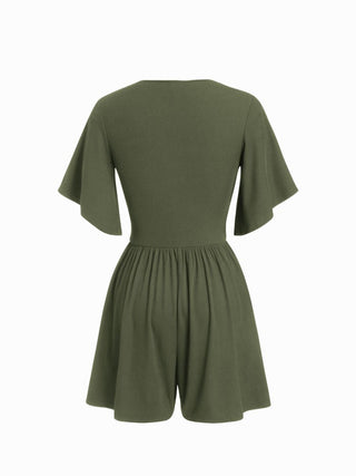Textured V-neck Ruched Mid Rise Bell Sleeve Romper