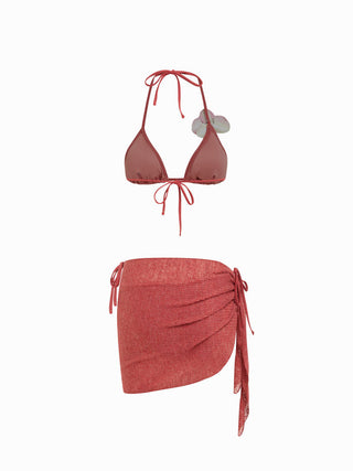 Halter Neckline Flower Detail Tie Side Triangle Bikini Set With Sarong