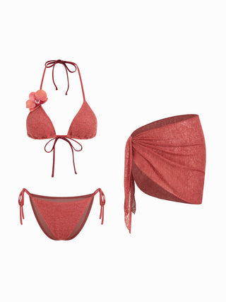 Halter Neckline Flower Detail Tie Side Triangle Bikini Set With Sarong