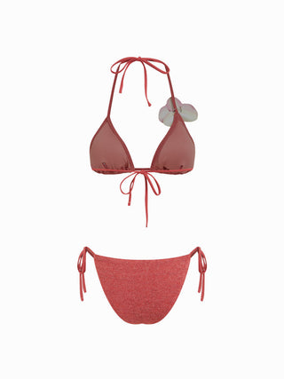 Halter Neckline Flower Detail Tie Side Triangle Bikini Set With Sarong