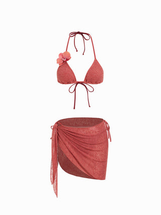 Halter Neckline Flower Detail Tie Side Triangle Bikini Set With Sarong