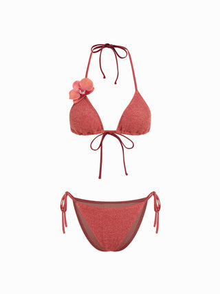Halter Neckline Flower Detail Tie Side Triangle Bikini Set With Sarong