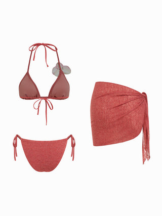 Halter Neckline Flower Detail Tie Side Triangle Bikini Set With Sarong