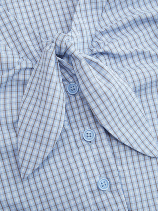 Cotton-blend Gingham Short Sleeve Twist Knotted Blouse