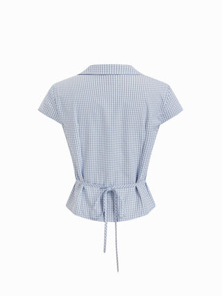Cotton-blend Gingham Short Sleeve Twist Knotted Blouse