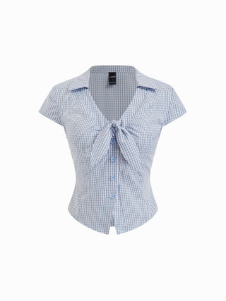 Cotton-blend Gingham Short Sleeve Twist Knotted Blouse