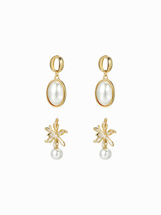 2 PAIRS FAUX PEARL & FLOWER DROP EARRINGS SET