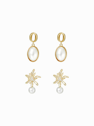 2 PAIRS FAUX PEARL & FLOWER DROP EARRINGS SET