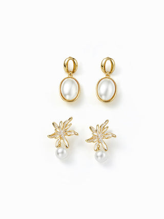 2 PAIRS FAUX PEARL & FLOWER DROP EARRINGS SET