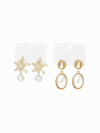 2 PAIRS FAUX PEARL & FLOWER DROP EARRINGS SET