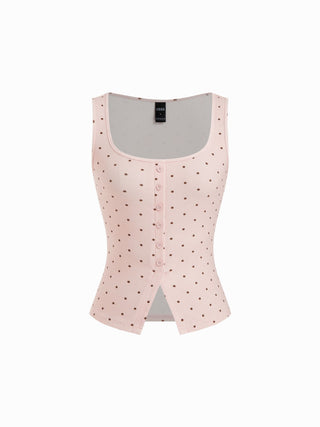 Cotton Scoop Neck Button Front Asymmetrical Hem Crop Top