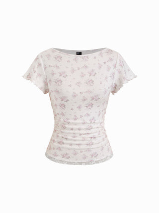 Textured Floral Boat Neck Ruffle Sleeve Lace Trim Slim Tee