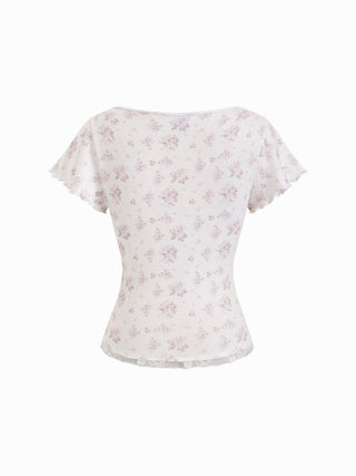 Textured Floral Boat Neck Ruffle Sleeve Lace Trim Slim Tee