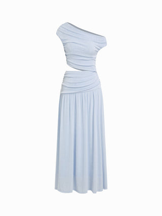 Asymmetrical Neck Ruched Waist Cutout High Stretch Bodycon Maxi Dress