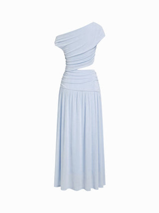 Asymmetrical Neck Ruched Waist Cutout High Stretch Bodycon Maxi Dress