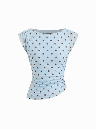 Mesh Boat Neck Lettuce Trim Ruched Top