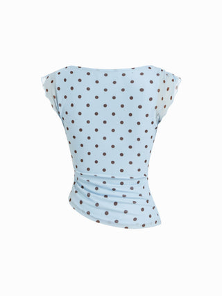 Mesh Boat Neck Lettuce Trim Ruched Top