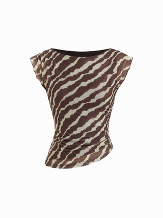 Mesh Boat Neck Lettuce Trim Ruched Top