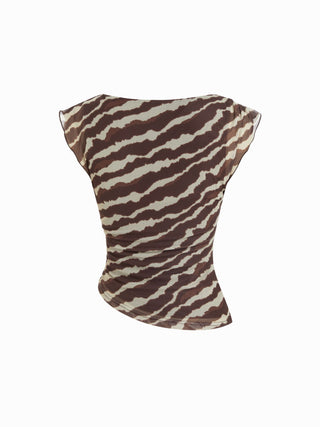 Mesh Boat Neck Lettuce Trim Ruched Top