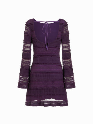 Lace Boat Neck Knotted Backless Bell Sleeve Mini Dress