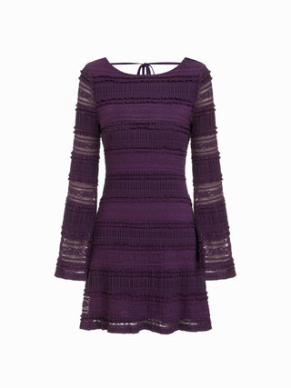 Lace Boat Neck Knotted Backless Bell Sleeve Mini Dress
